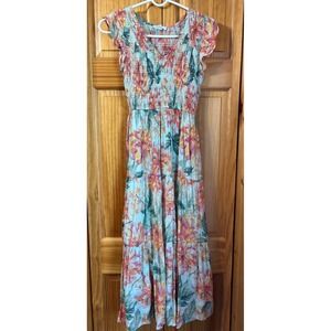 By The River Women's Multicolor Midi Dress Ruffle Sleeve Flowy Cottagecore Small